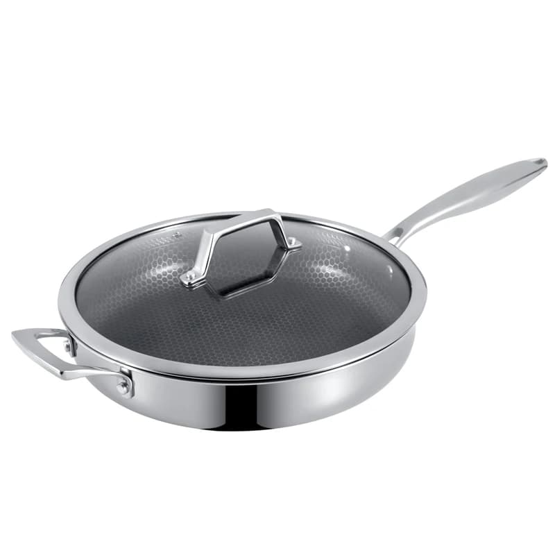Padella professionale in acciaio inossidabile a 3 strati con manico lungo e coperchi in vetro temperato Panelas De Ceramic