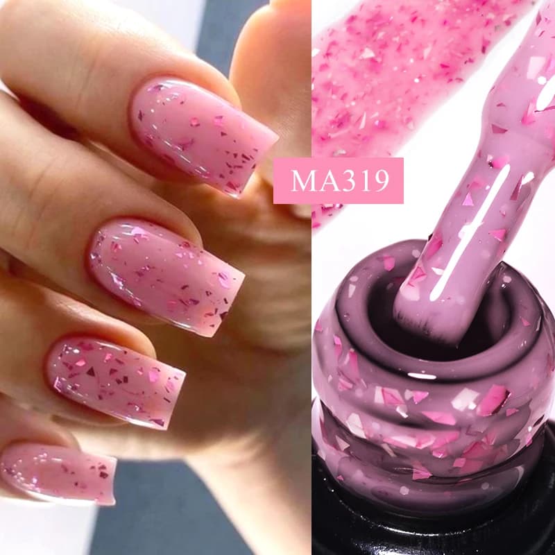 MEET ACROSS 7ml Smalto gel per unghie con base in gomma rosa glitterato Lamina d'oro scintillante Gel per pittura per unghie fai da te Vernice a lunga durata