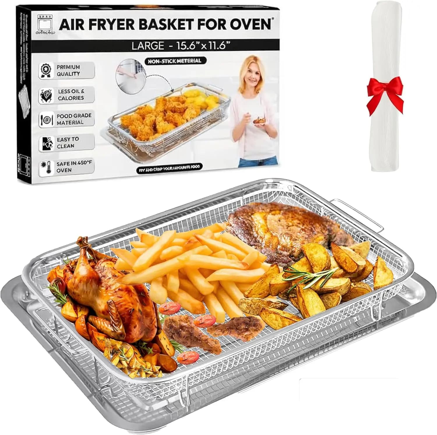 Set Cestello e Vassoio per Forno e Friggitrice ad Aria, 15.6x11.6 Pollici in Acciaio Inossidabile con 30 Fogli di Carta da Forno
