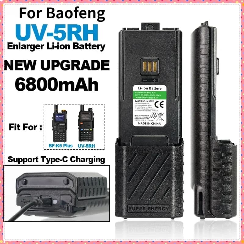 Batteria agli ioni di litio BL-5RH Pro Max da 6800 mAh per Baofeng Walkie Talkie UV-5RH BF-K5Plus UV-5RM GM-5RH AR-5RM Radio bidirezionali