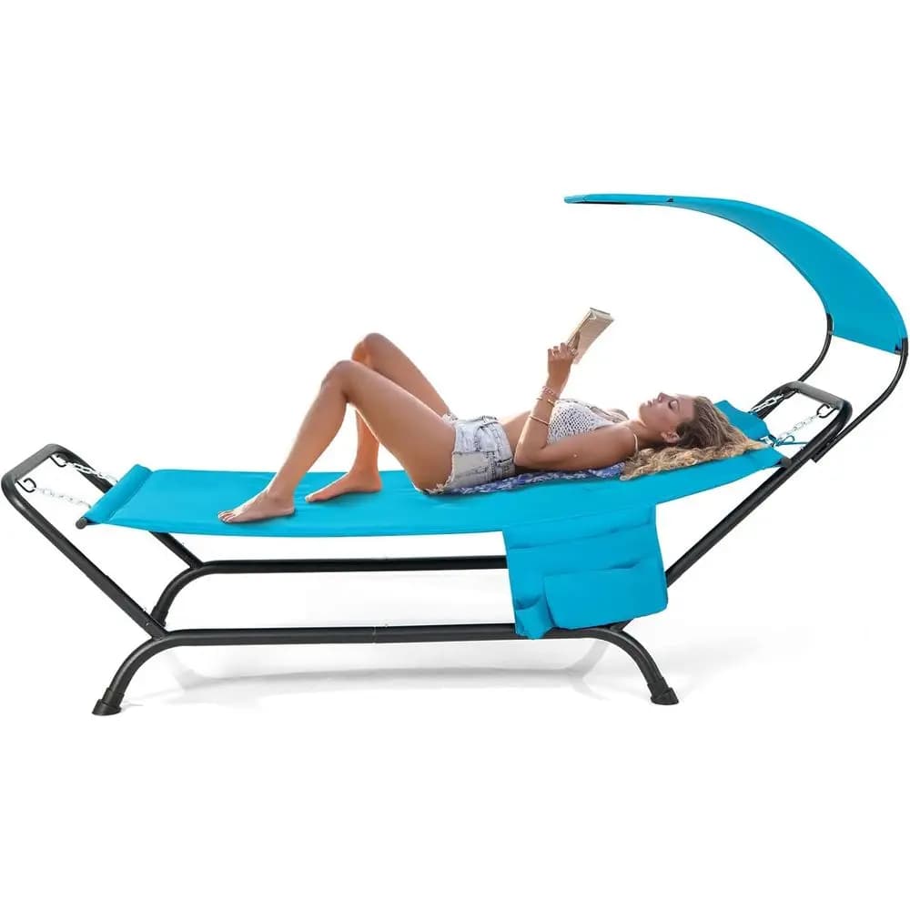 Durable outdoor hammock with metal support, cushion and bag holders - Blue