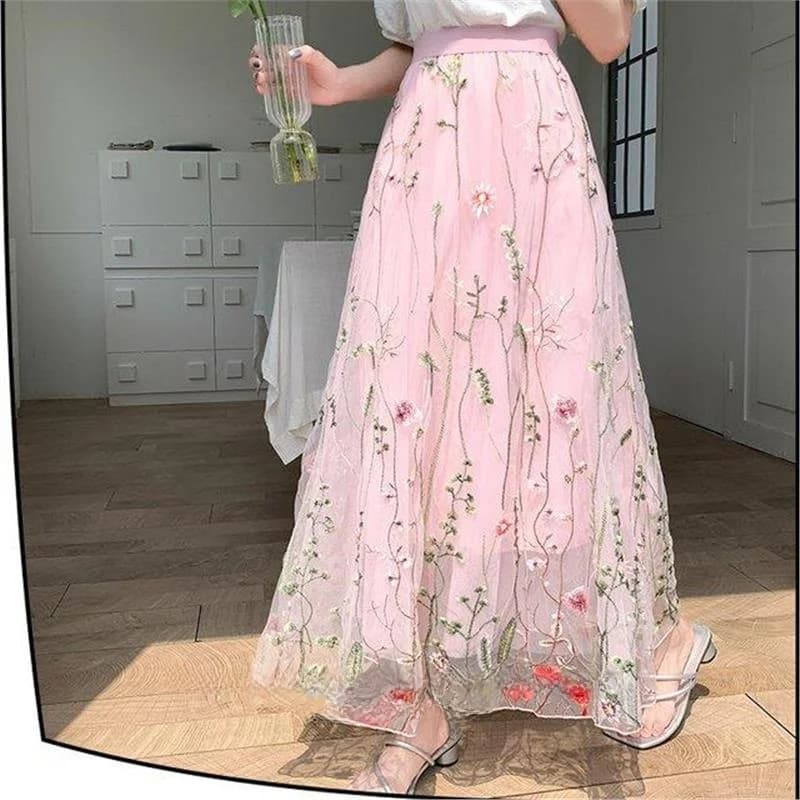 Exquisite Rose Embroidery Mesh Half Skirt Spring Summer New Style Beautiful A-Line Puffy Skirt High Waist Midi Skirt PU Material