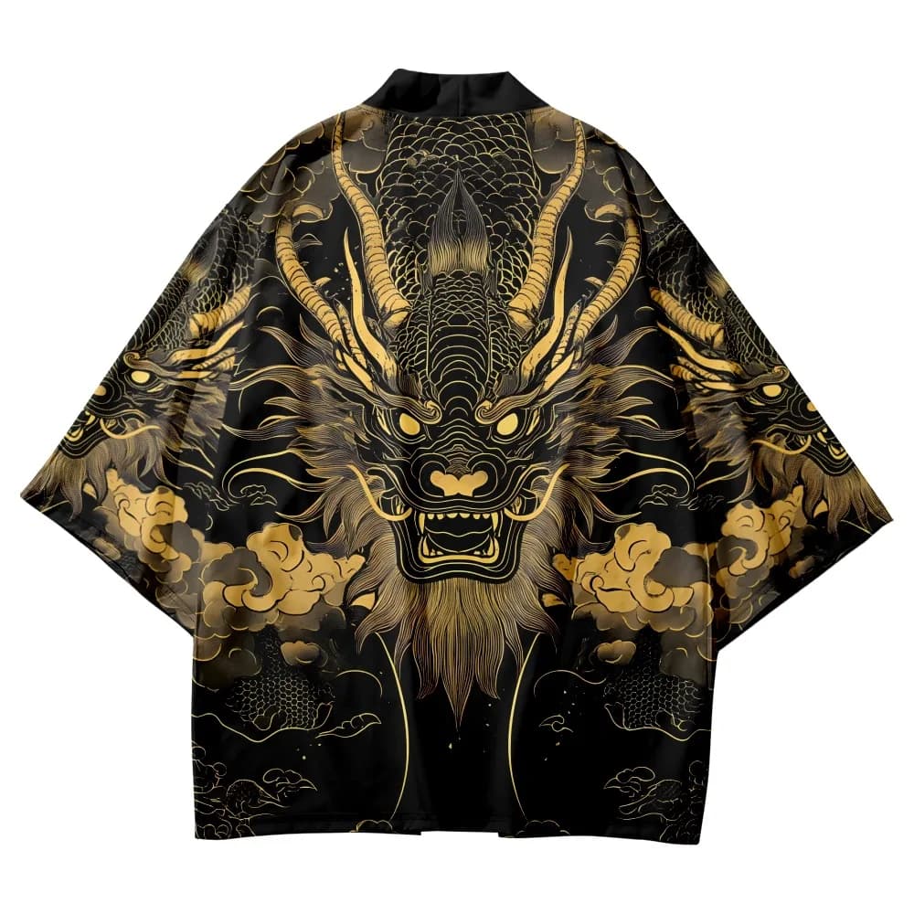 Traditional Japanese Kimono Haori with dragon and floral print - Vintage women's cardigan light night shirt
