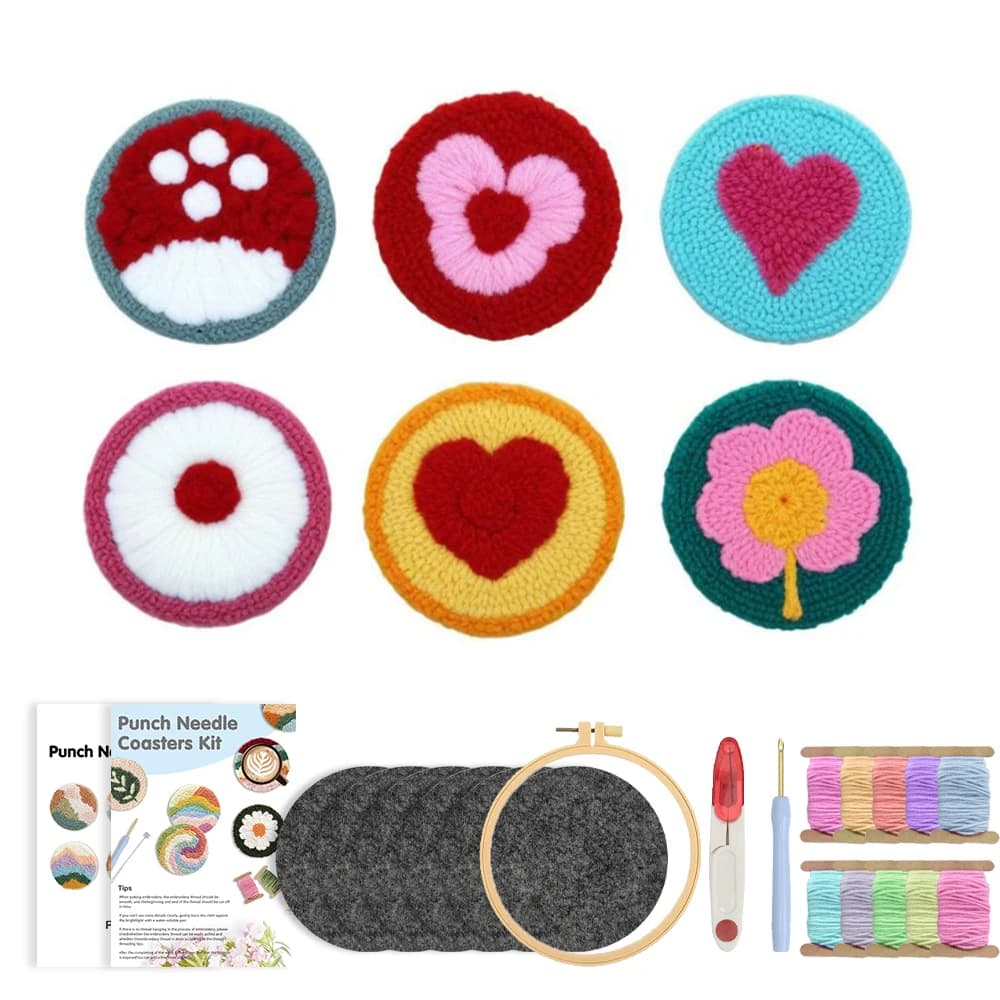 RUOPOTY 6pcs Punch Needle Coaster Red Heart Punch Needle Embroidery Handicraft Art Craft Kits Landscape Punch Needle Kit For Beg