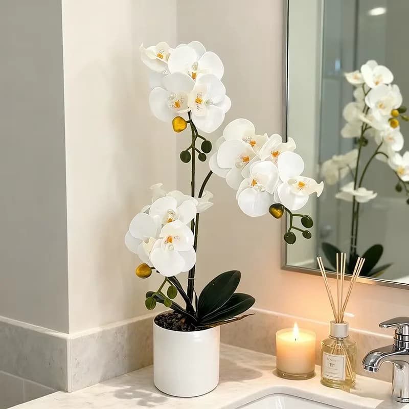 Pianta Artificiale di Orchidea in Vaso Rotondo di Pietra, Decorazione Creativa e Versatile per la Casa
