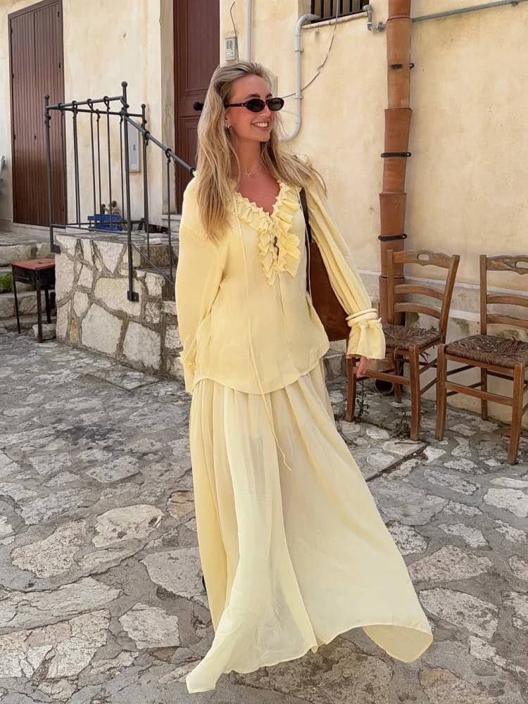 HH Woman New Fashion Yellow Sleeves Long Sleeves Lace Trained Shirt + Hinge Folded Pull Rope Decoration Casual Long skirt Mujer Dress