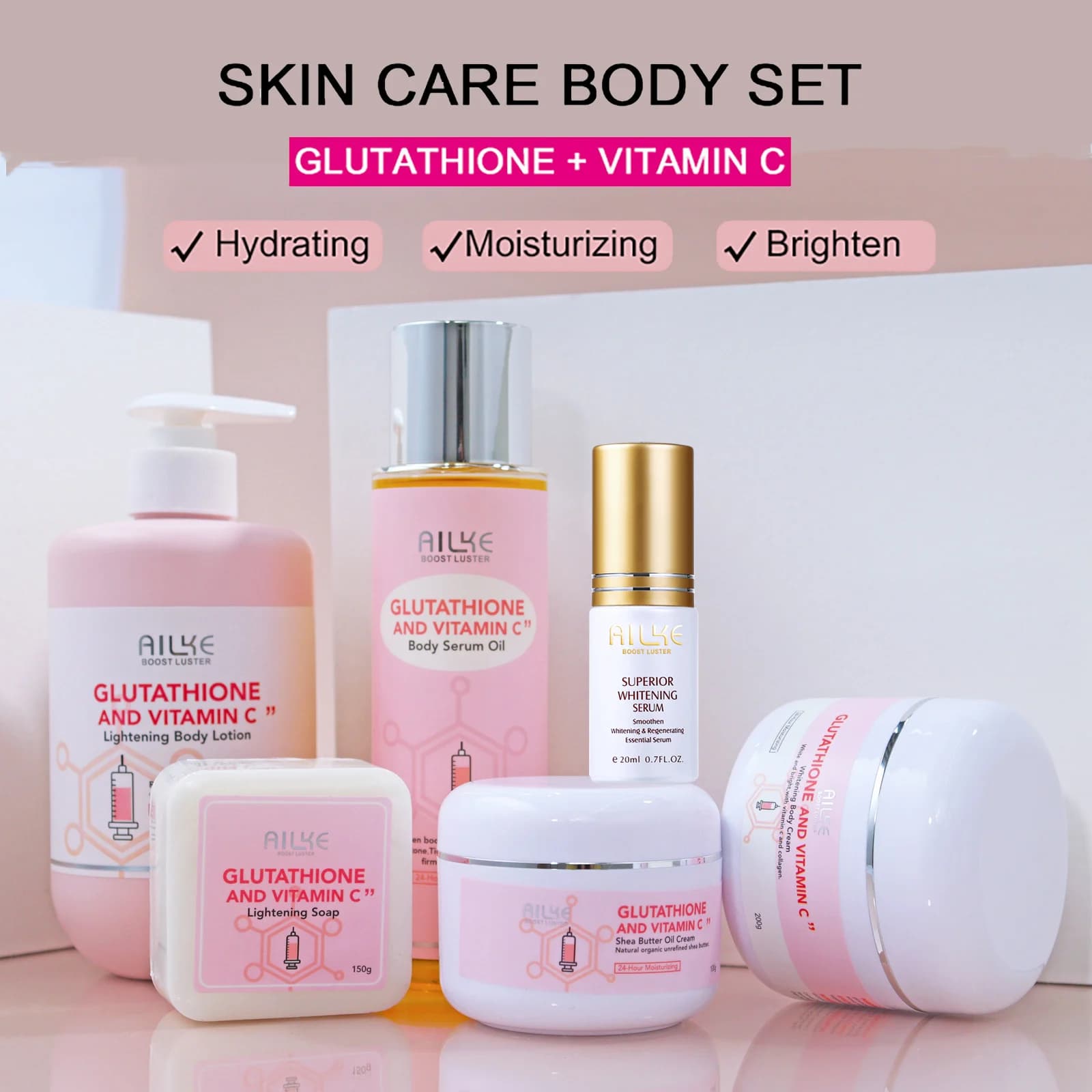 Kit of glutathione and vitamin C AILKE, with brightening lotion, moisturizing cream, brightening soap, thermal oil, cream for the body glowing