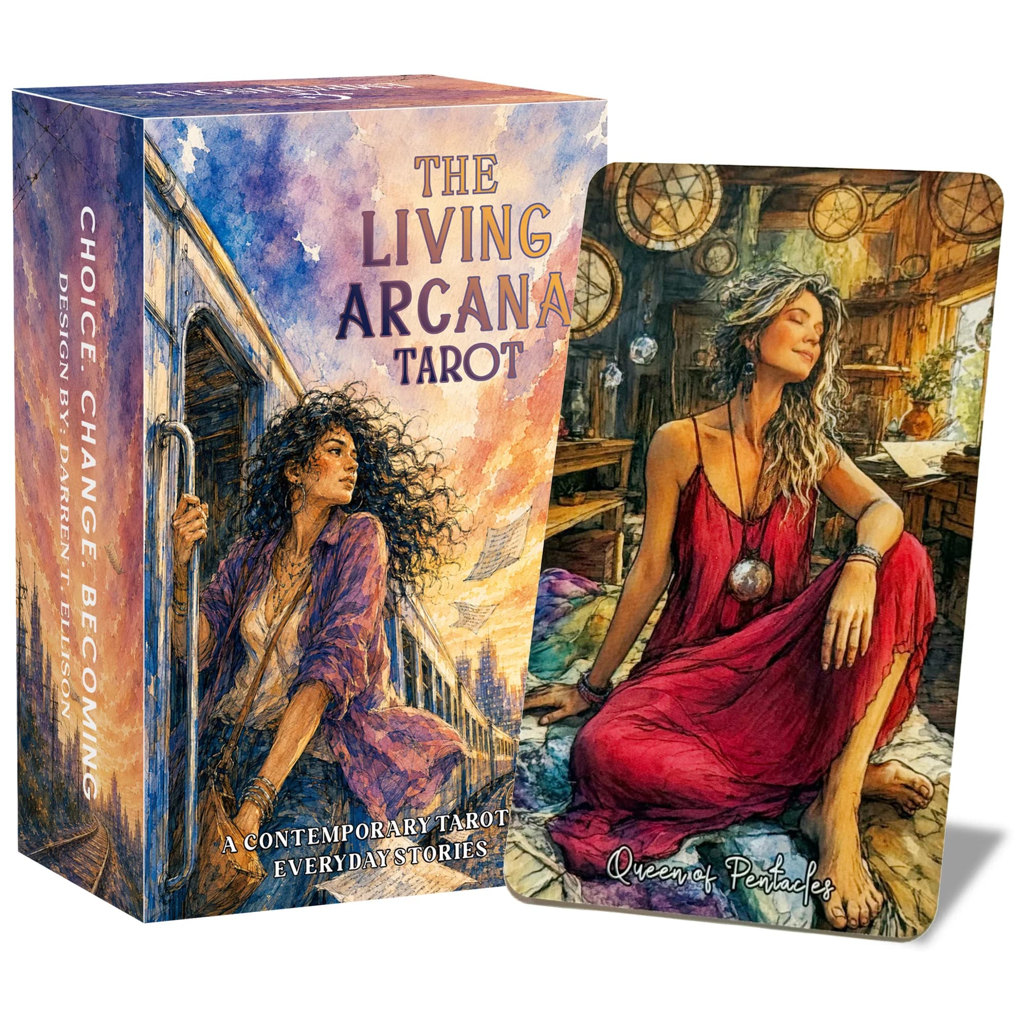 The Living Arcana Tarot Cards, 78 Cards for Beginners, Contemporary Watercolor Art Style, with English Guidebook, Daily Reading