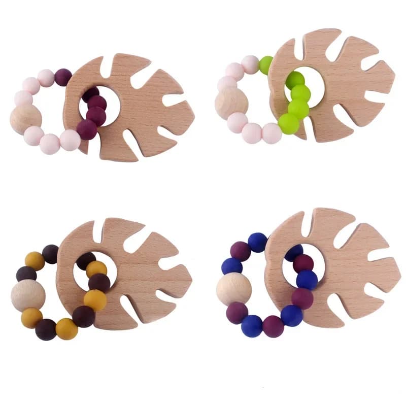 Kissteether Giocattolo per molatura per bambini in silicone alimentare Foglie di faggio e braccialetto con perline in silicone Denti lenitivi Massaggiagengive per bambini