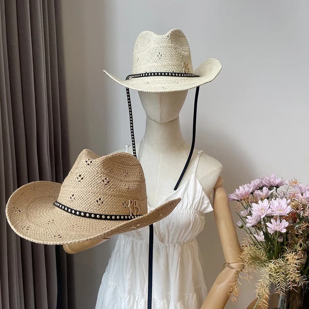 New Wide Brim Cowboy Straw Hat Letter Design Sun Cap Beach Vacation Women