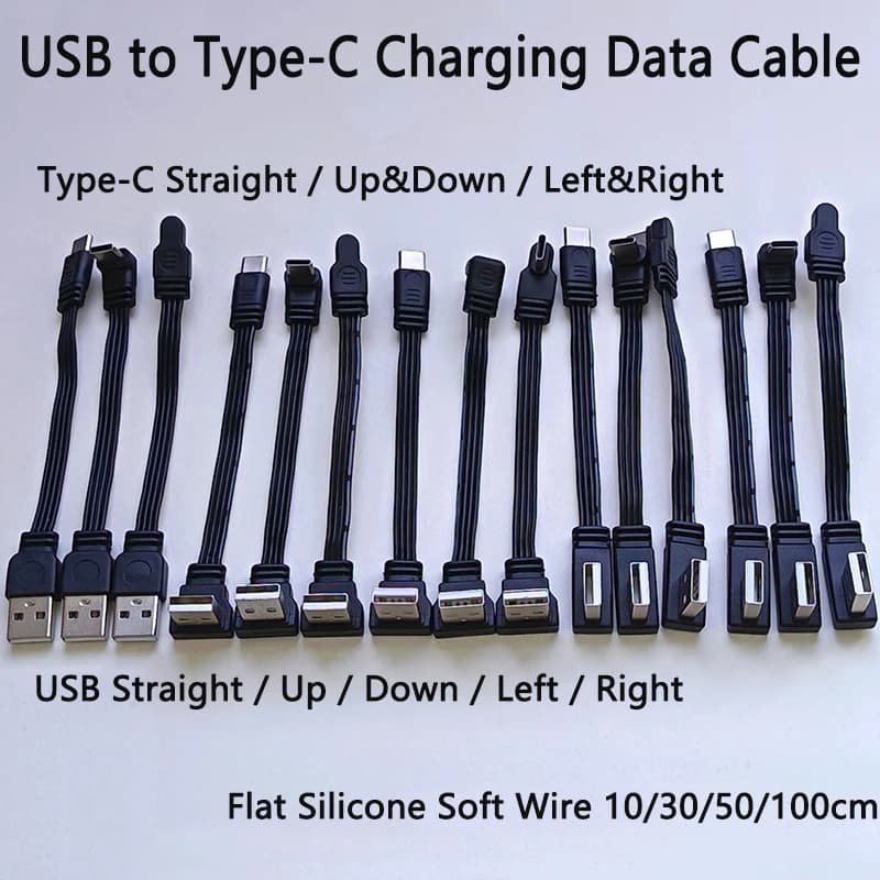 1PC USB A to Type-C Fast Charging Data Cable Straight/Up/Down/Left/Right Angled Flat Silicone Soft Wire 10-100cm