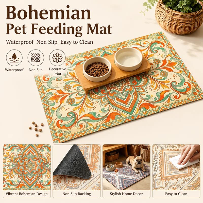 Tappetino Bohemien per Alimentazione Animali Domestici, Impermeabile Antiscivolo, Sottovaso per Ciotole Cani e Gatti, Facile da Pulire, Stile Vintage Persiano, Protezione per Pavimento