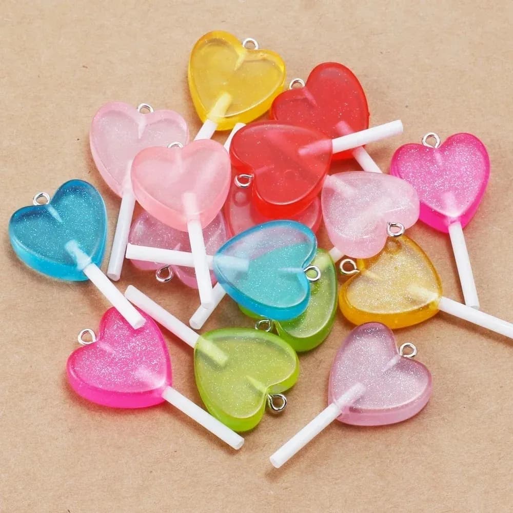 10Pcs Kawaii Sparkly Heart Lollipop Resin Charms Glitter Candy Pendants Handcraft Ornaments For Earrings Keychain Making