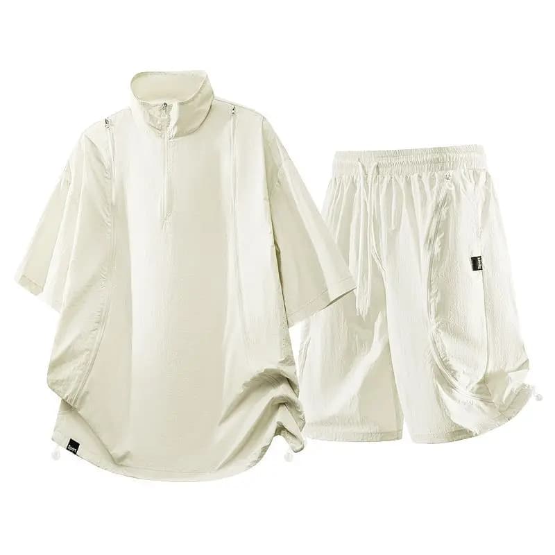 Casual Sportswear Sets Men and Women Half-zipper Stand Collar T-shirt + Shorts Set Quick Dry Oversized Outdoor Shorts Tracksuit