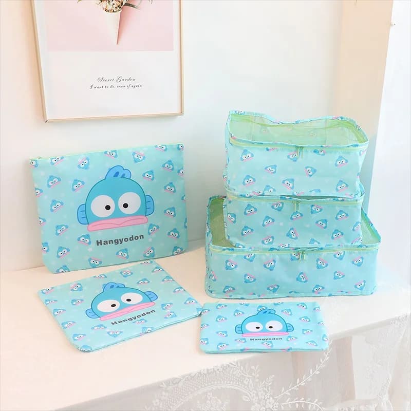 Set di 6 borse da viaggio Sanrio Ugly Fish, organizer per vestiti in tessuto di poliestere, ideali per viaggiatori e per organizzare gli oggetti durante le vacanze.