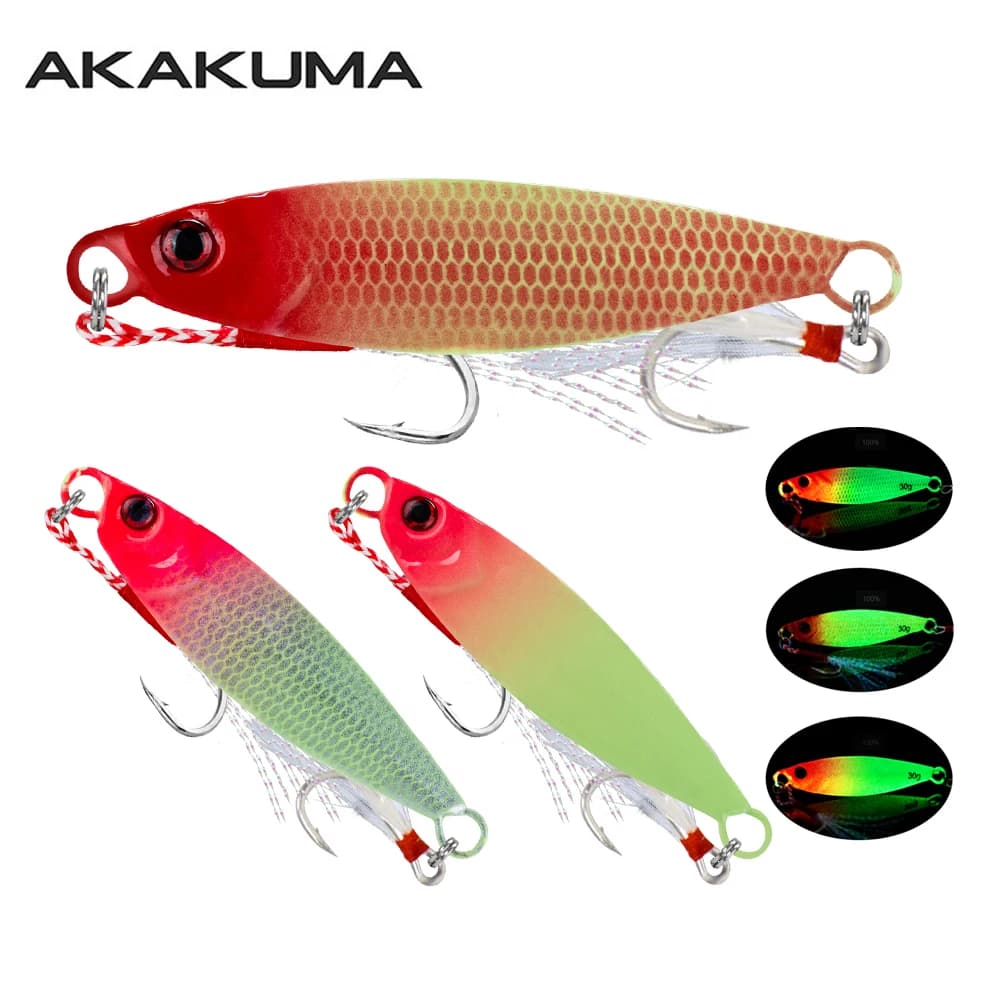 Luminous Jig Casting Lure 3 Colors 7g/10g/15g/20g/30g Sinking Spoon Bait Metal Jigging Fishing Lure with Sharp Hooks