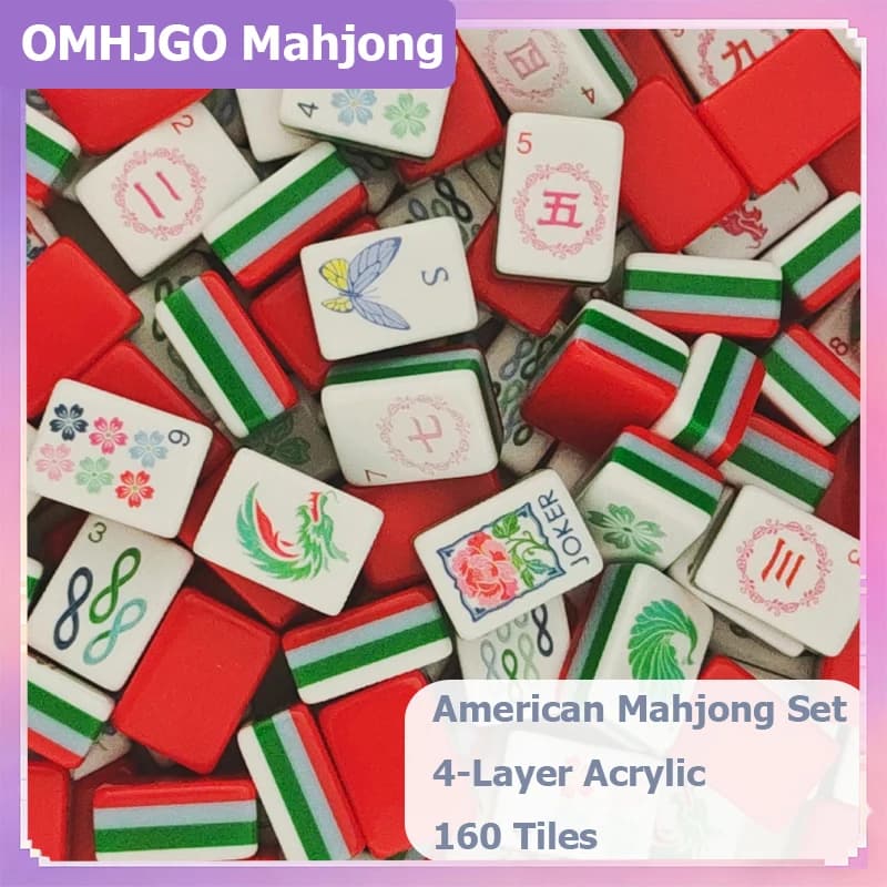 OMHJGO Red Mahjong Tiles 4-Layer Acrylic Luxury Engraved American Mahjong Sets Leisure Home Board Games Gifts Portable Mah Jongg