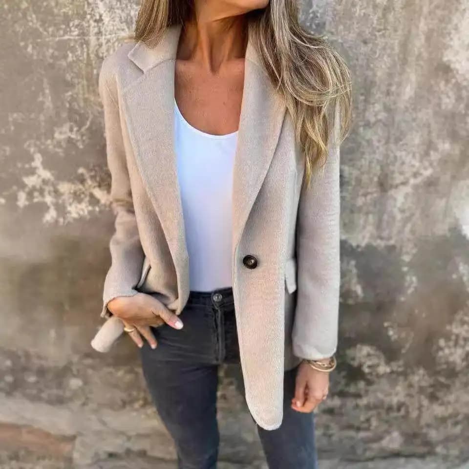 Casual Woolen Suit Jacket Women's Autumn Winter Fashion Button Pocket Design Mid-thick PU Material Long Sleeve Standard Length