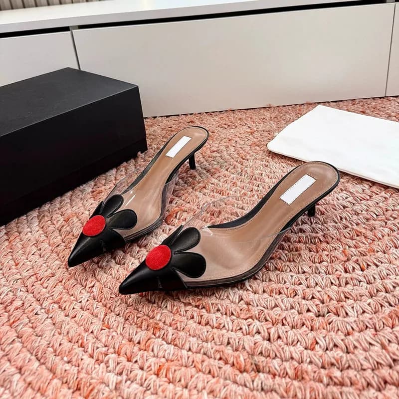 Genuine Leather French Heart-Shaped Transparent Slippers Women's Fine Heel Pointed Toe High Heels Casual Sandals