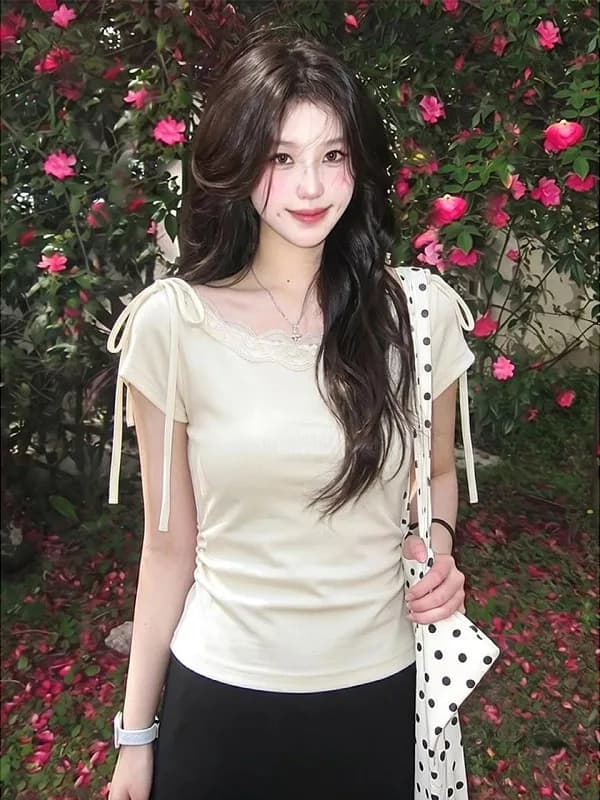 plus Size Women's White Lace Splice round Neck Tie Short Sleeve T-Shirt Summer New Style Slim Fit Top Trendy Korean Style Com...