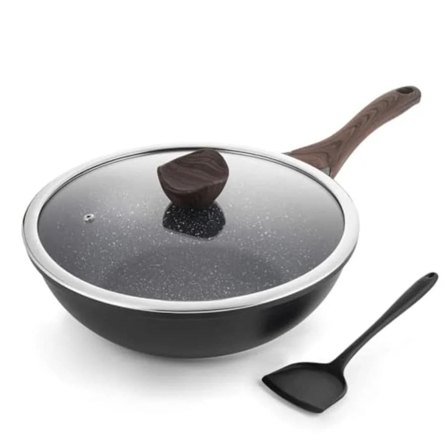 Wok Antiaderente con Coperchio 12 Pollici, Padelle e Wok per Saltare in Padella con Rivestimento in Pietra Granitica per Cucinare, Compatibile con Tutti i Fornelli a Induzione