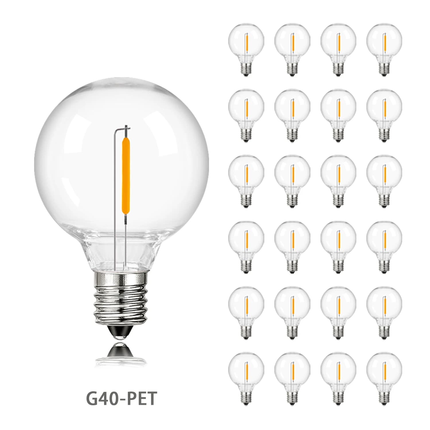 25PCS PET G40 Globo Lampada a filamento a LED Lampadina E12 Base 110V 220V 2200K Dimmerabile String Light Sostituzione Lampadina in plastica infrangibile