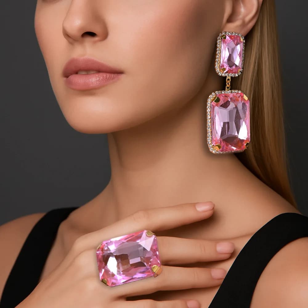 Set di anelli per orecchini quadrati geometrici rosa con strass esagerati Set di gioielli romantici di moda da donna Regalo di nozze per banchetti di lusso