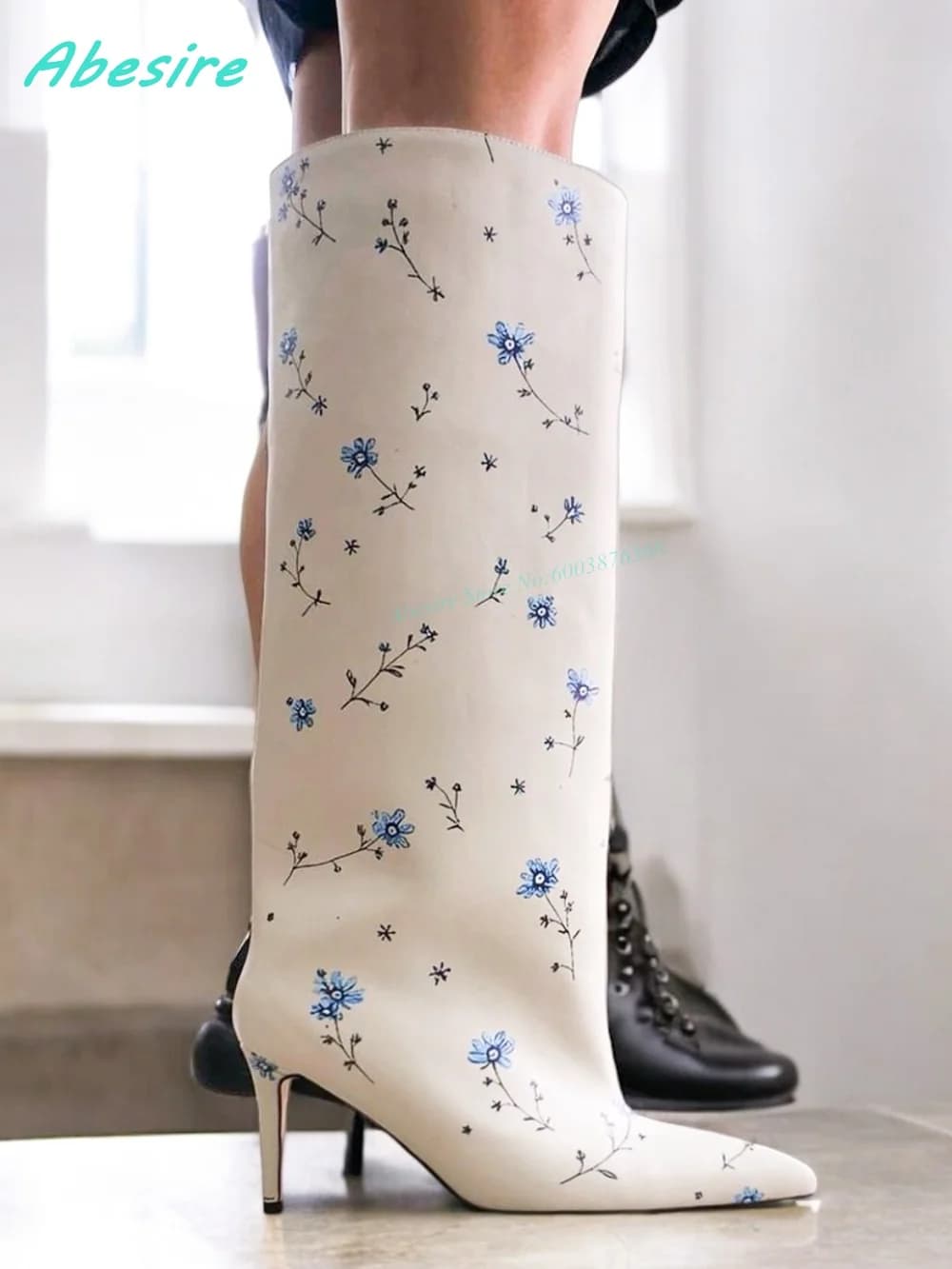 White Floral Print Knee High Boots Slip On Pointed Toe Stiletto Heel Shoes for Women Elegant Style Daily Fashion Show Shoes