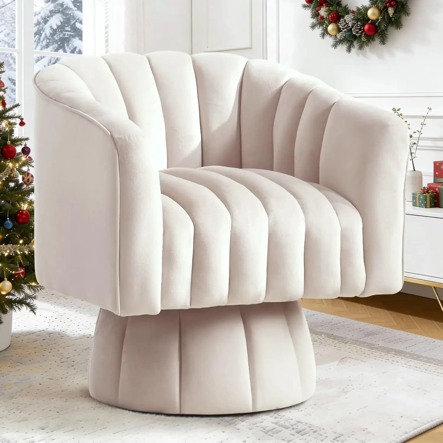 Poltrona Girevole, Rotazione a 360° ° Poltrone Girevoli, Sedia Mid-Century con Seduta Ampia Imbottita, Tessuto Moderno in Velluto, Rotonda, Personalizzabile