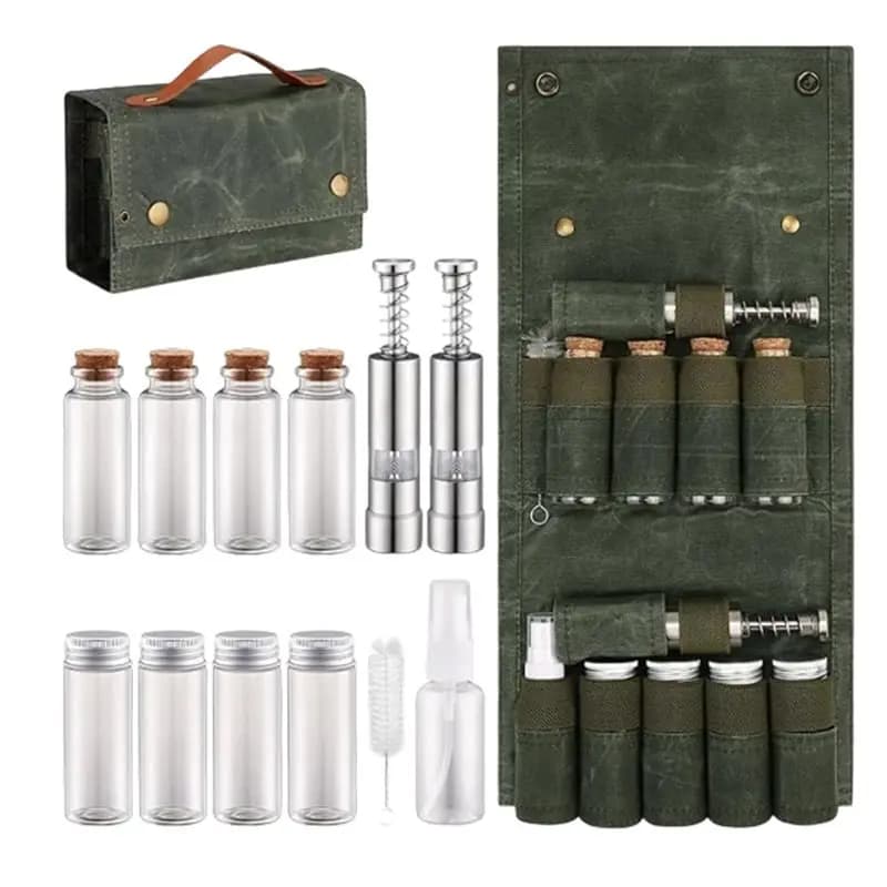 AEE6-Borsa portatile per spezie da viaggio, kit per spezie da campeggio con 8 barattoli, 2 macinini per sale e pepe, 1 set di spruzzatori per olio