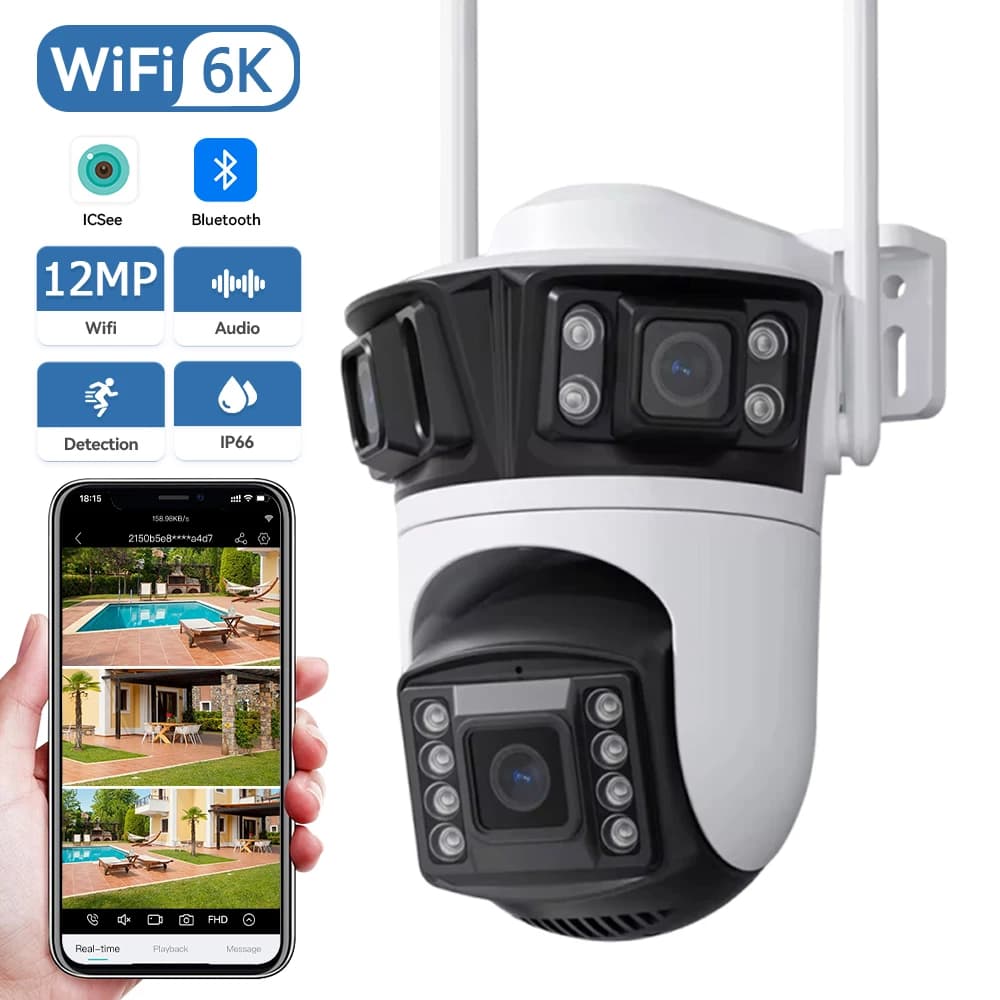 Telecamera HD 6K 12MP a Tripla Lente, Sistema di Telecamere Esterne a 3 Lenti 6MP, Rilevamento Umano AI, WiFi, CCTV, Impermeabile, Sicurezza Video, App iCsee