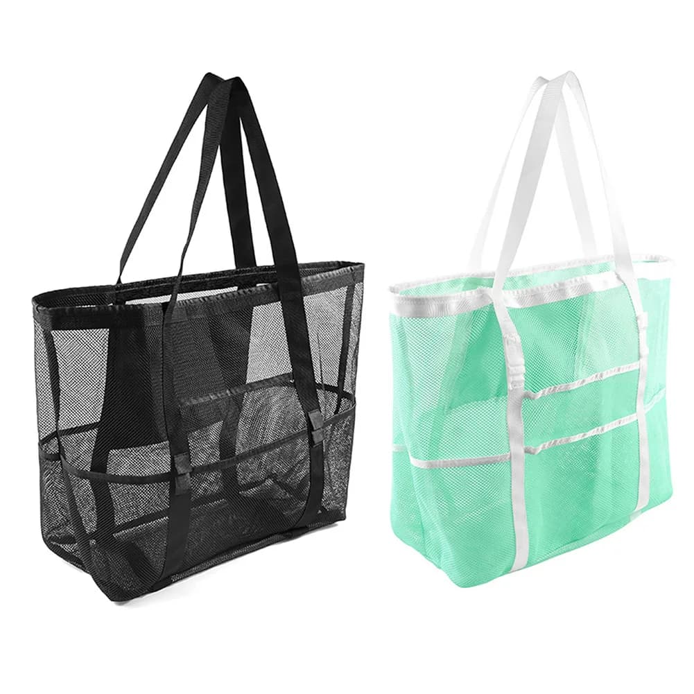 Large Capacity Fashion Mesh Beach Bag Top Zip Casual Storage Bag with 8 Pockets Outdoor Summer Travel Handbag