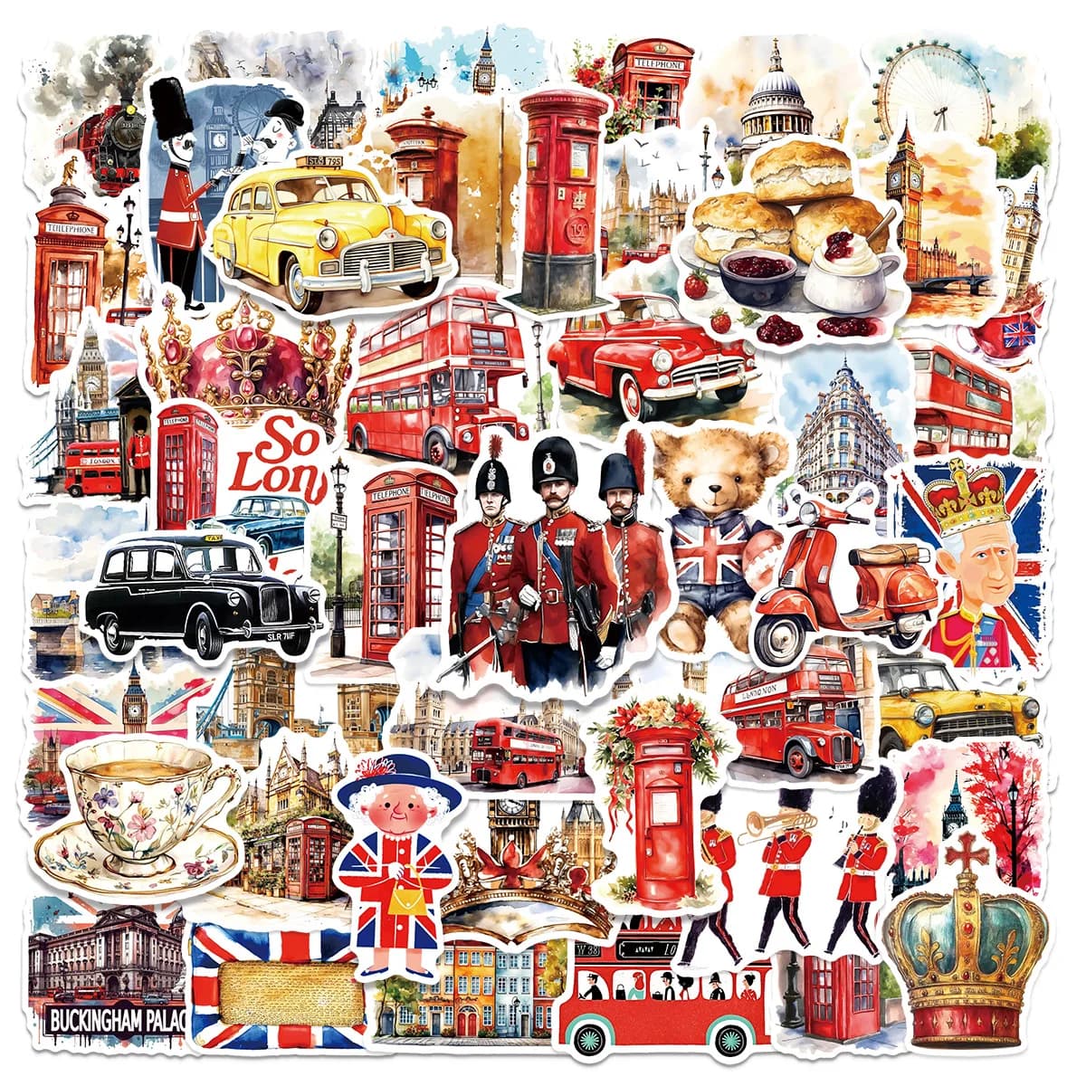 50 Pezzi Adesivi Scenari di Londra in Acquerello, Monumenti Britannici in Vinile Impermeabile per Laptop, Telefono, Quaderno, Bottiglia d'Acqua, Adesivi Fai-da-Te