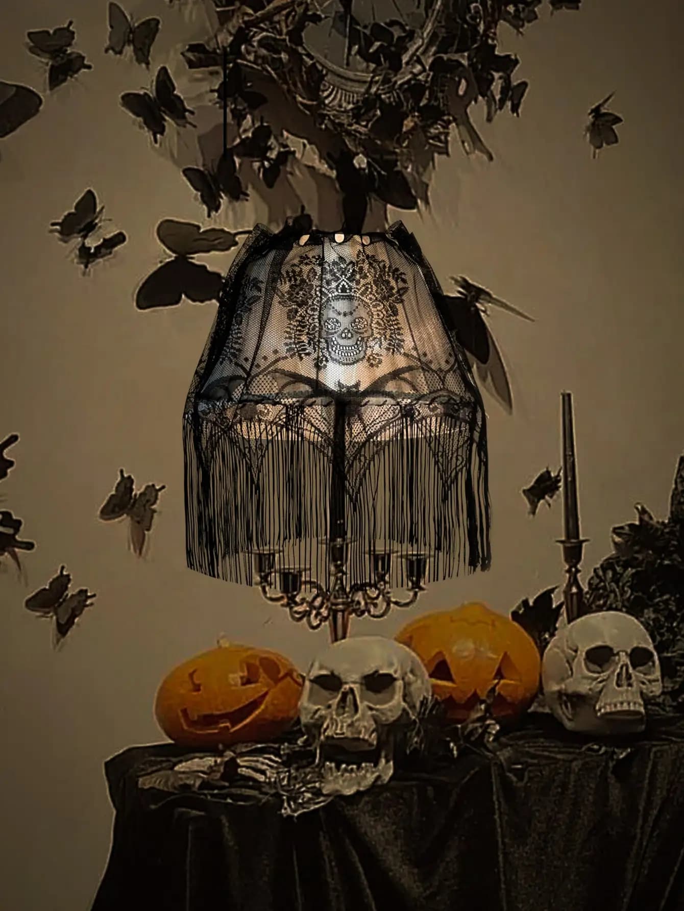 Tenda della finestra del cranio del merletto di Halloween-tende della porta della finestra di Halloween della nappa del merletto nero per il Dec. della festa di Halloween .. Ze