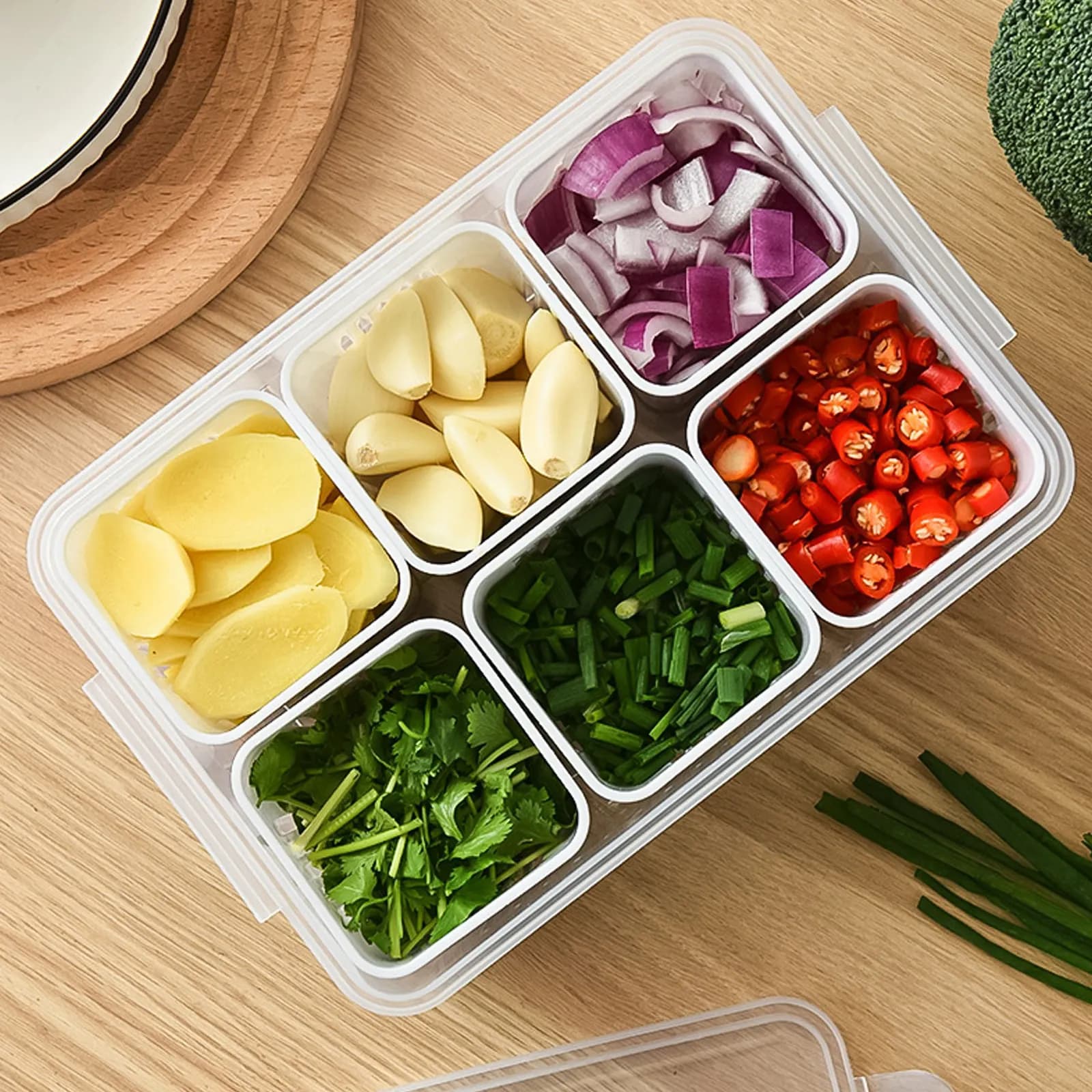 Contenitore Multifunzione per Alimenti Congelati con Sei Scomparti, Scatola per Preparazione Pasti Ermetica e Impermeabile, Contenitore per Frutta e Verdura, Porta Cipolle