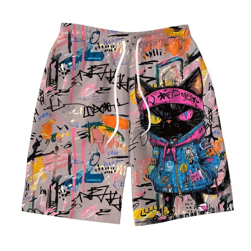 Pantaloncini corti da uomo con stampa 3D di gatti colorati con graffiti, pantaloncini da spiaggia con motivo animale carino, pantaloncini da bagno estivi casual traspiranti