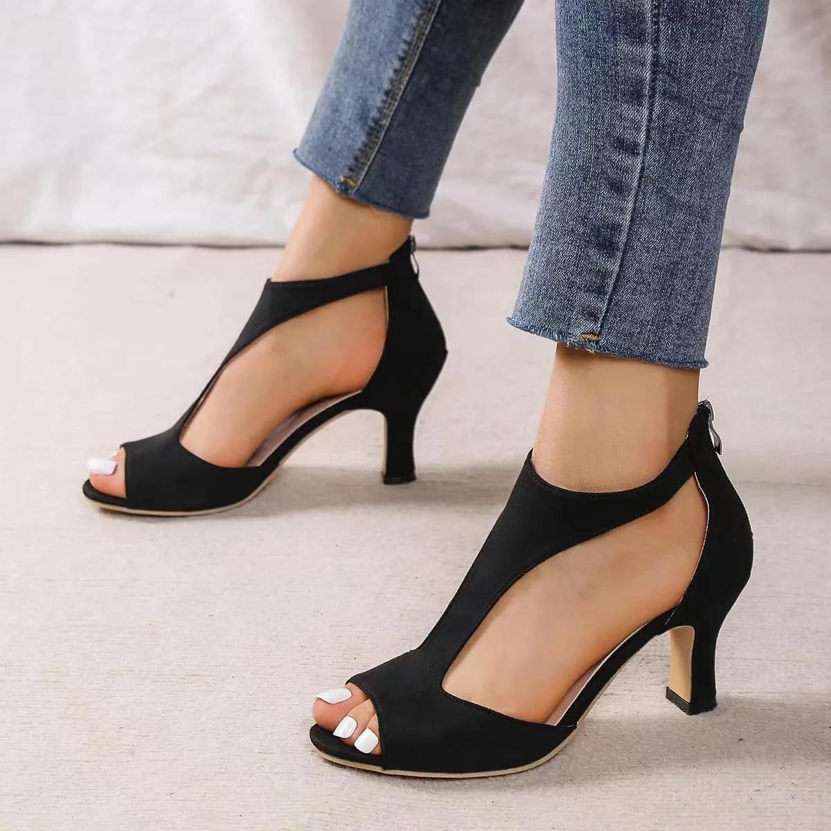 2026 Summer New Brushed Leather Fish Mouth Sandals Women's Back Zipper Sexy Solid Color Comfortable High Heel Single Shoes Women
