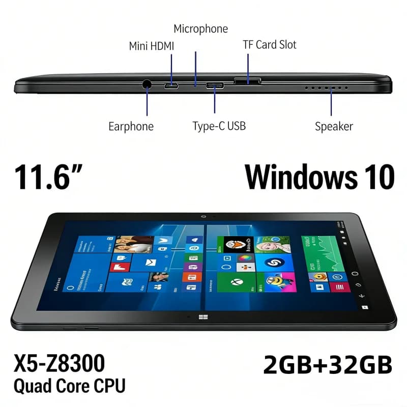 11.6" Windows 10 Tablet PC Quad Core Intel Atom Processor X5-Z8300 CPU 32-bit 1920 x 1080 IPS Dual Camera Type-C USB Port