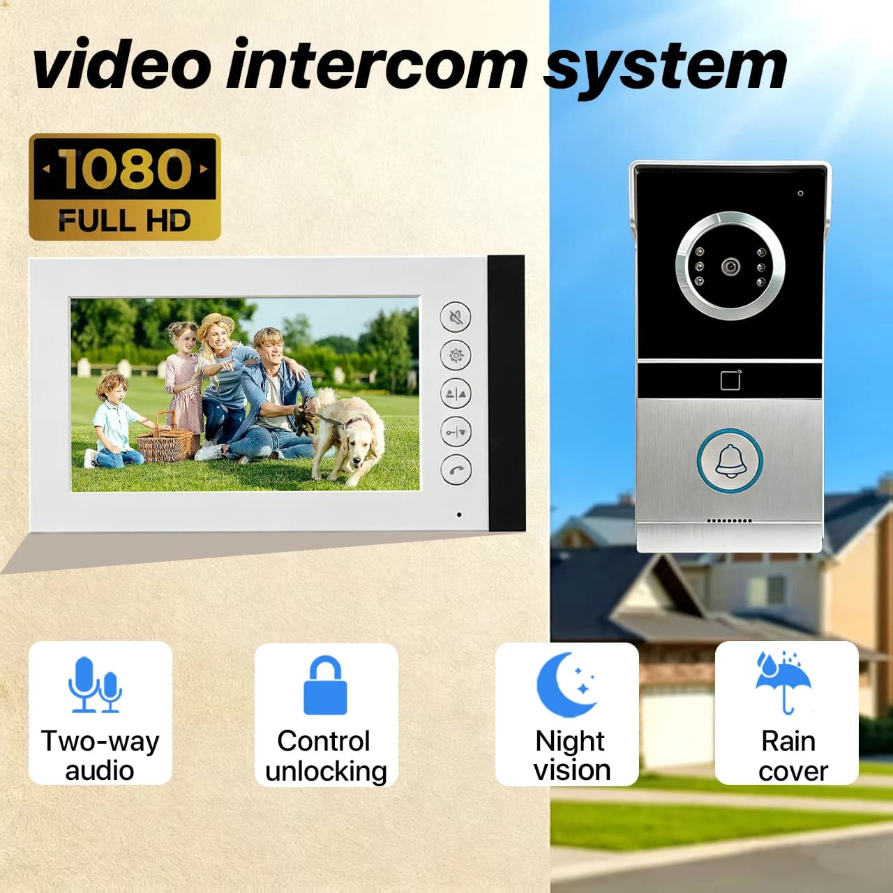 1080P HD 7-Inch Wired Video Intercom 4-Wire AHD 2MP Camera Doorbell with RFID Unlock Night Vision Waterproof for Home Apartment