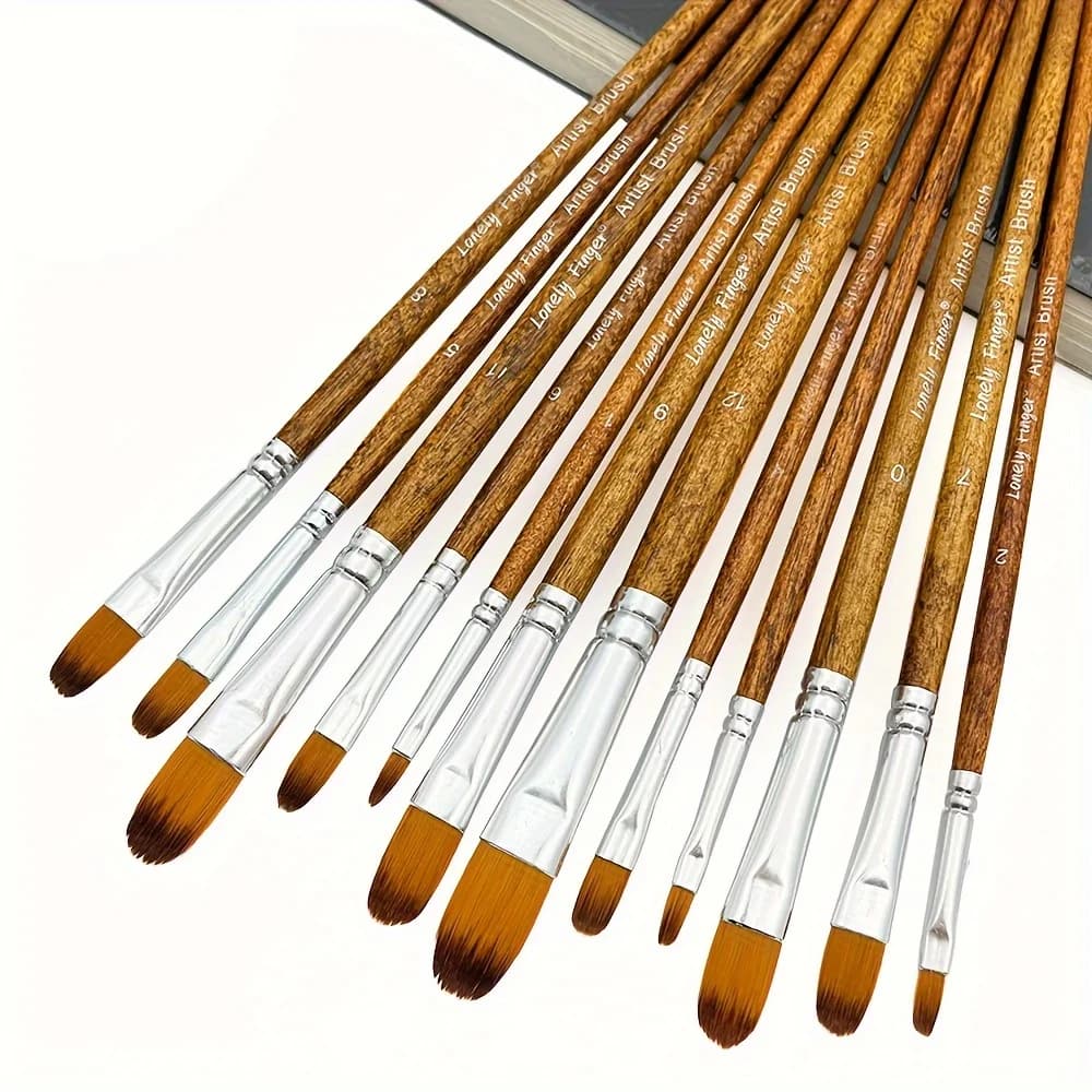 12pcs Professional Artist Filbert Paint Brush Set - High Quality Anti-Shedding Nylon Hair, for Acrylic, Watercolor, Oil Painting