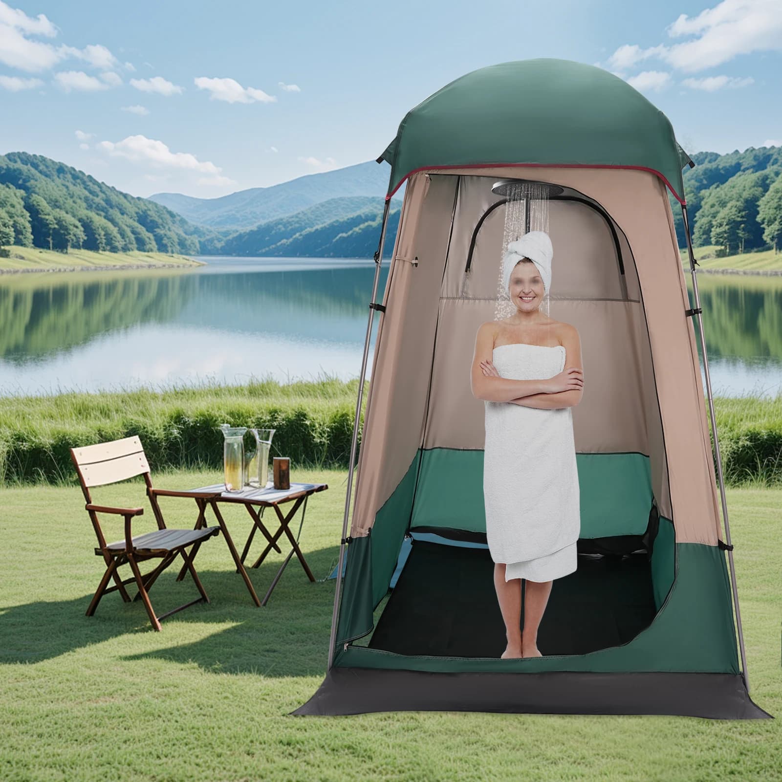 Outdoor Shower Tent, 210D Silver Coated Oxford Fabric, 1500mm Waterproof PU50+ Sun Protection, 16mm Rustproof Steel Poles, Removable Floor Cloth & Anti-mosquito Mesh, Portable Changing Room Toilet Shelter for Camping Hiking Fishing Beach Picnic