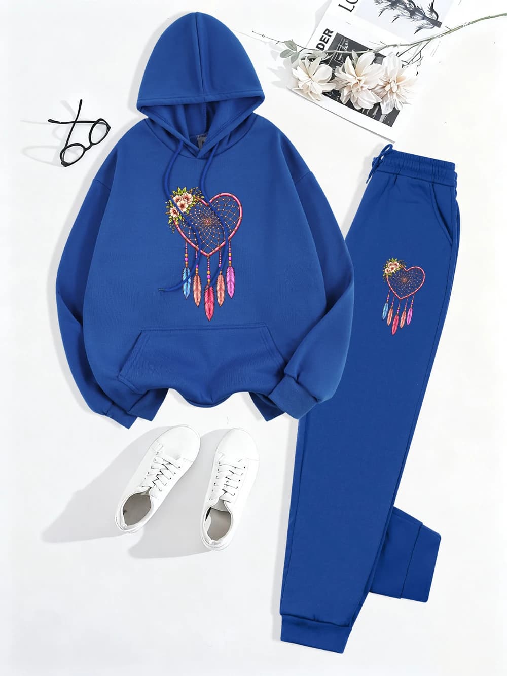2Pcs Hoodies Set Womens Heart Dreamcatcher Feathers Prints Sweatpantsautumn Fleece Warm Pocket Pants Hoody Casual Loose Clothes