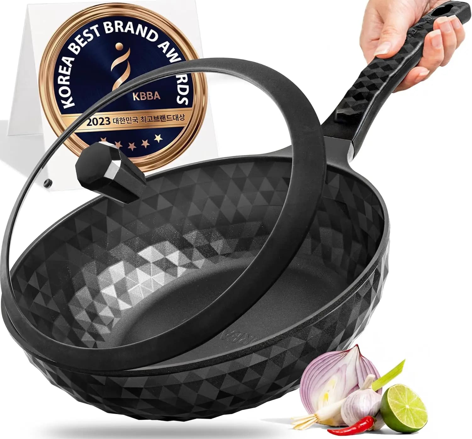 Premium Wok pan with lid, 28 cm, Flat bottom, Titanium coating for frying, Oil-free and PFOA-free