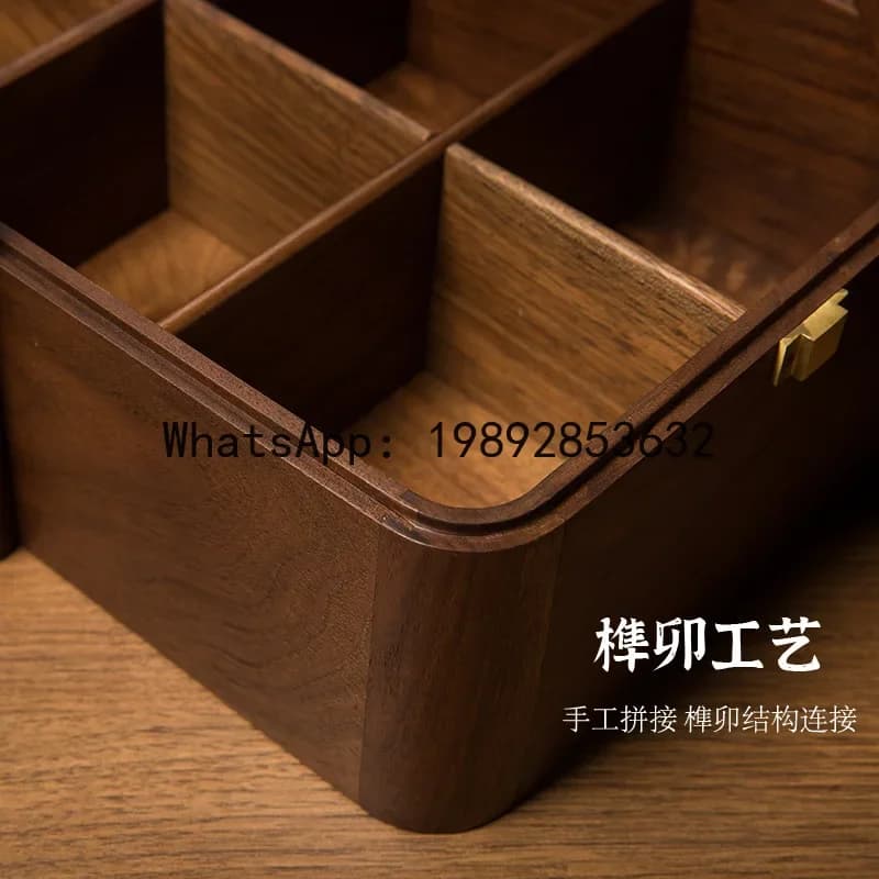 Scatola portaoggetti in legno massello di noce nero a-16, portatile, con manico, divisa in scomparti, nuova scatola per frutta secca in stile chinoiserie.
