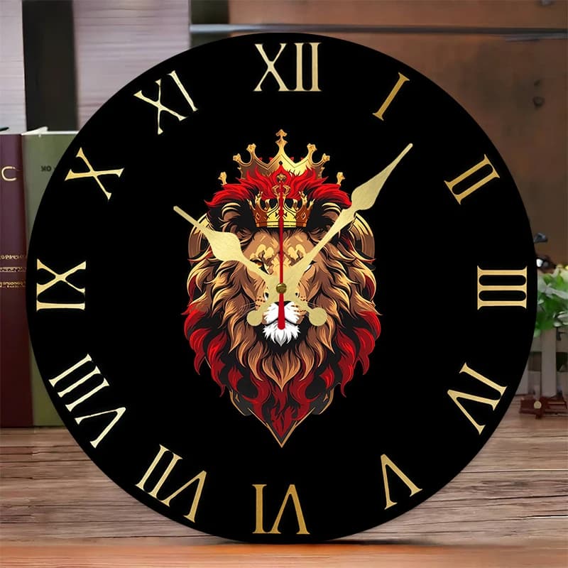 Orologio da parete sospeso silenzioso rotondo in legno con leone coroneato, adatto per soggiorno, ufficio, sala studio, camera da letto, decorazione domestica.