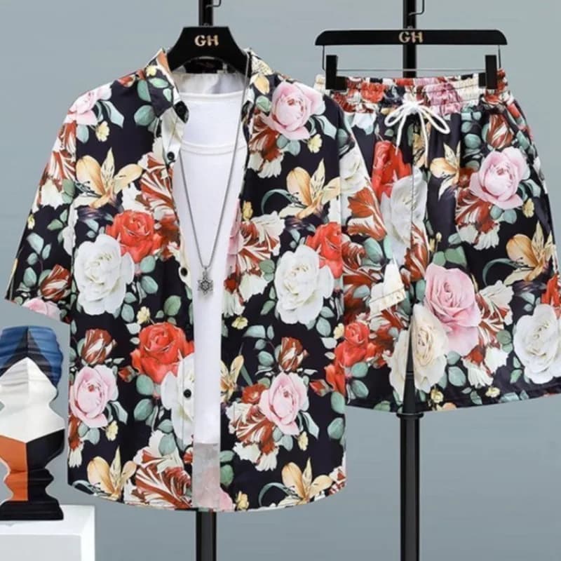 Completo Estivo da Uomo per Viaggi, Set Camicia Floreale in Seta Ghiaccio a Maniche Corte, Elegante Abbigliamento da Spiaggia e Vacanza con Pantaloncini