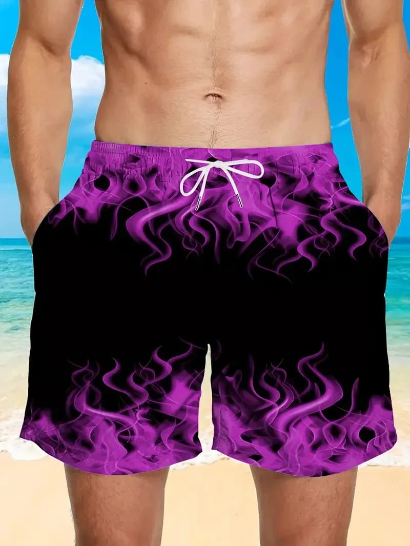 3D Print Vibrant Flame Graphic Beach Shorts For Men Summer Casual Plus Size Men's Hawaiian Style Shorts Men's Swim Trunks