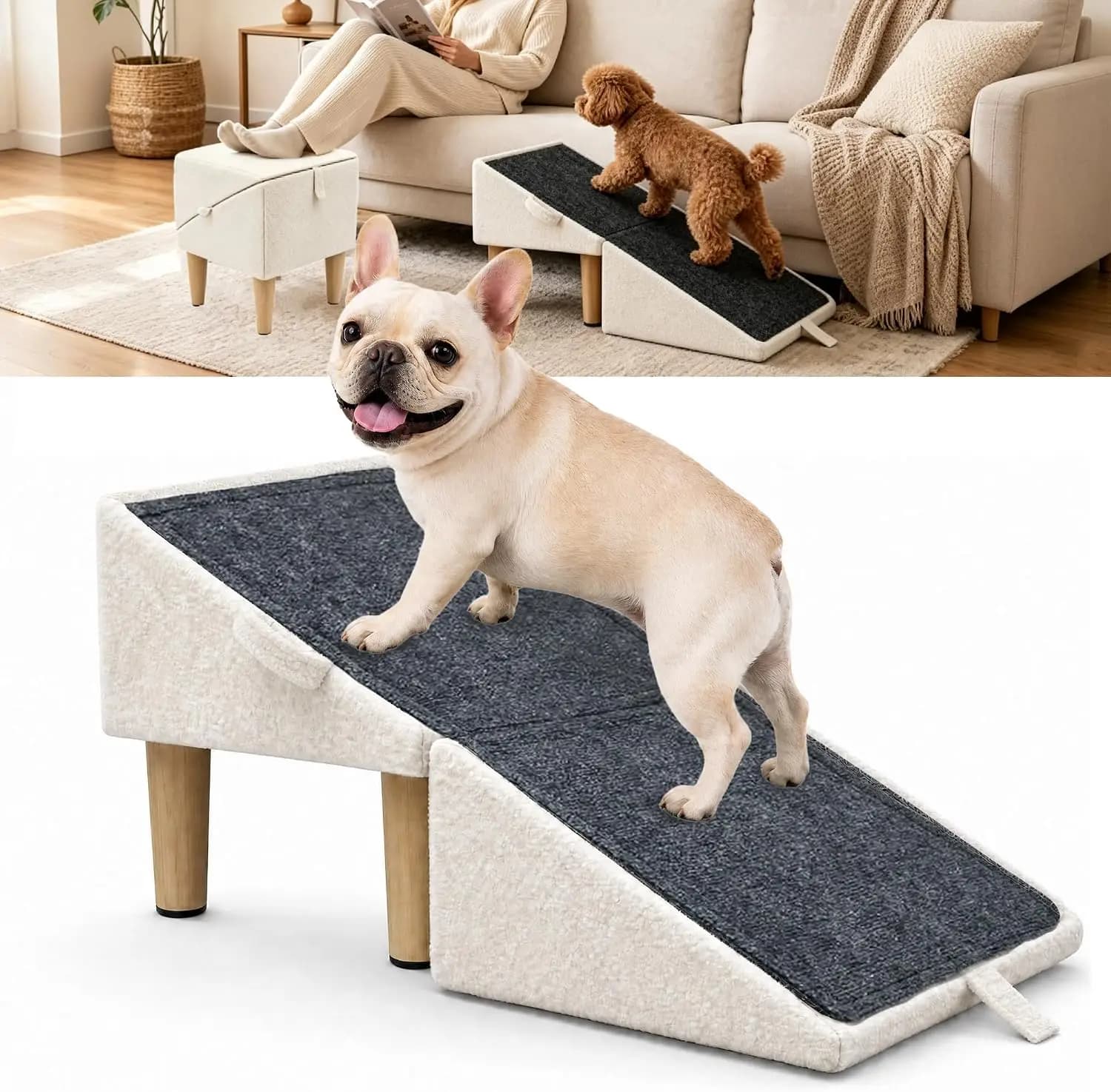 Split Ottoman Dog Ramp for Couch & Bed, 2-in-1 Foldable Wooden Pet Stairs & Steps, Anti-Slip Dog Steps for Small Dogs, Puppies &