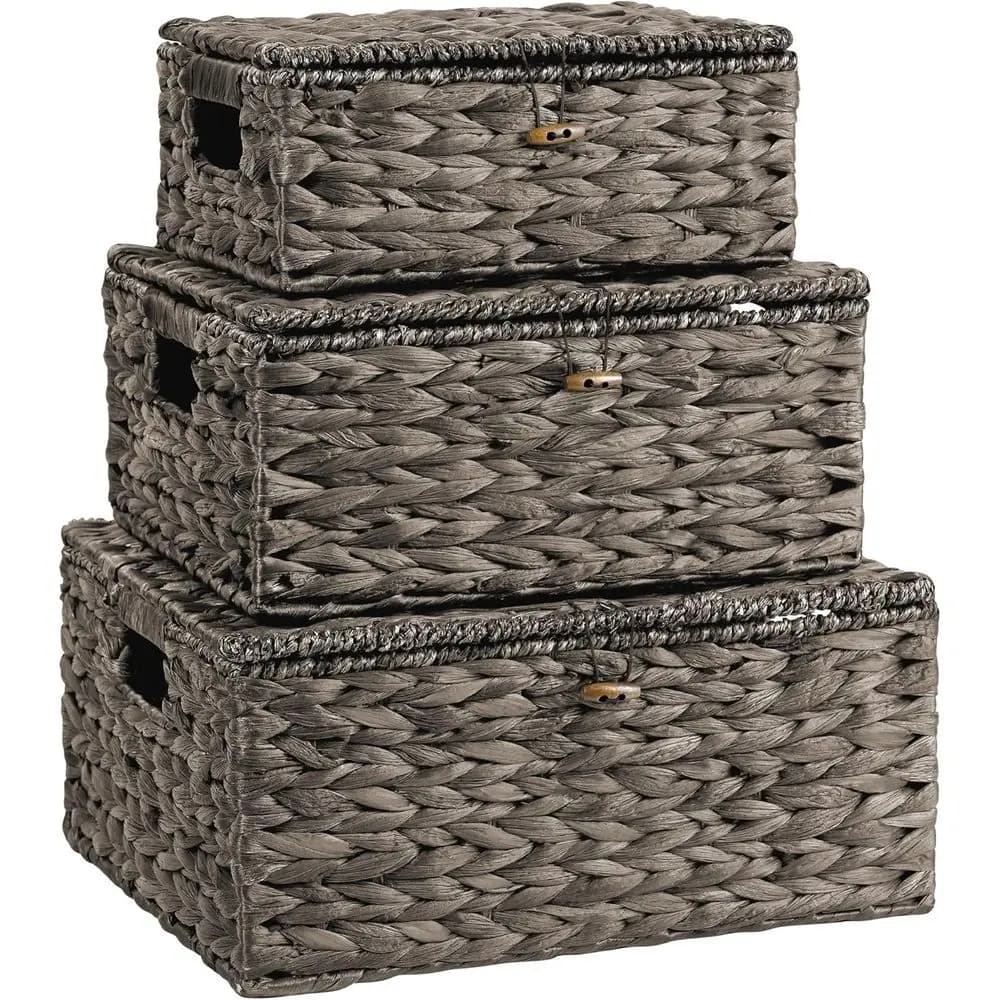 Set of hand-made rattan baskets, 3 pieces with lids and handles, storage boxes in black water for the organization of the house
