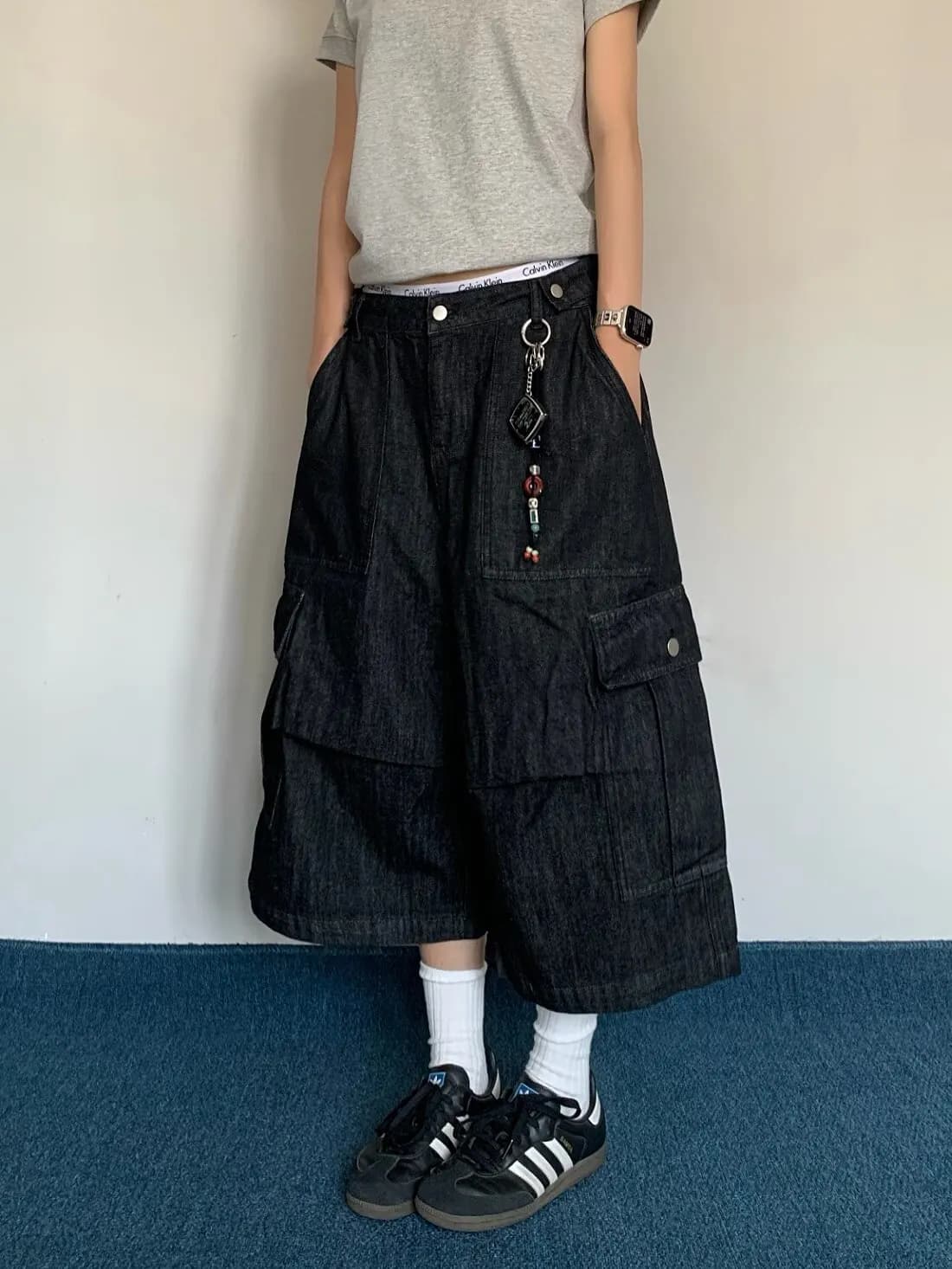 American High Street Retro Black Multi-Pocket Workwear Seven-Foot Pants Loose Wide-Leg Casual Jeans for Men And Women